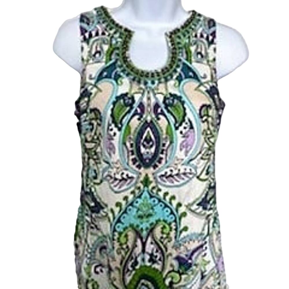 Wisp Petites Size 2P White w/ Multi Color Boho Paisley Pattern Shift Dress